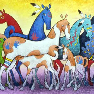 Colorful abstract painting of various stylized horses.