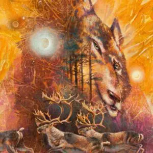 Surreal artwork depicting mystical deer amid fiery orange hues and glowing orbs.