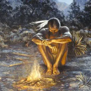 A solitary figure warming by a campfire in a forest at night.