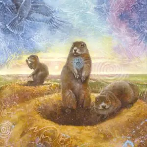 Prairie dogs interacting near their burrows under a colorful sky.