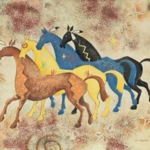 Colorful horses galloping in an artistic, prehistoric-style painting.