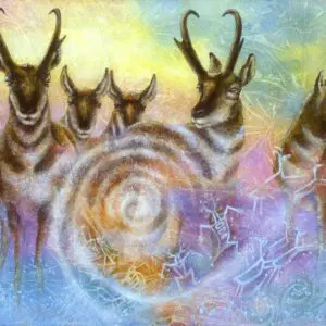 Artistic depiction of antelopes with a mystical spiral and ethereal colors.