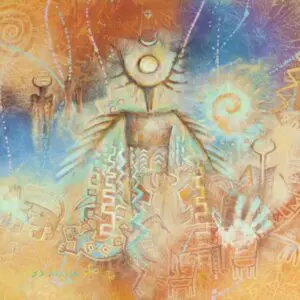 Abstract figure with geometric shapes and cosmic elements in warm tones.