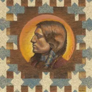 Portrait of a Native American man with braids against a patterned background.