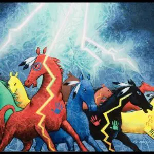 Colorful stylized horses with lightning-themed patterns under a stormy sky.