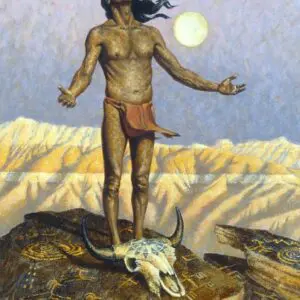 Indigenous man standing on a buffalo skull under the full moon.