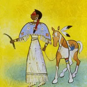 A Native American woman in traditional attire with a horse against a yellow background.