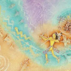 Colorful abstract artwork blending pastel hues with dynamic shapes and figures.