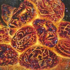 Abstract fiery faces intertwined in a molten, glowing composition.