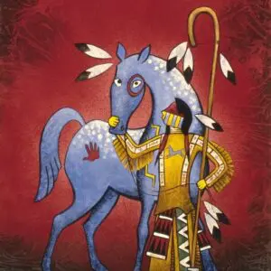 A blue horse with a humanoid figure in traditional attire against a red background.