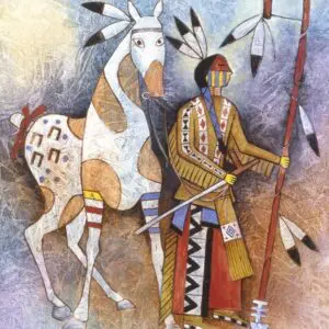 Native American warrior walking with a painted horse.