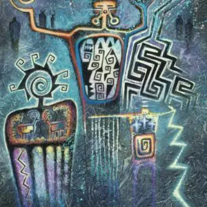 Abstract artwork with symbolic shapes and electric blue accents.