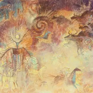 Ancient cave painting depicting spiritual and natural elements.