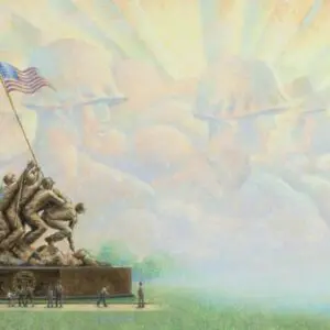 Sculpture of soldiers raising a flag with angelic figures and rays of light above.