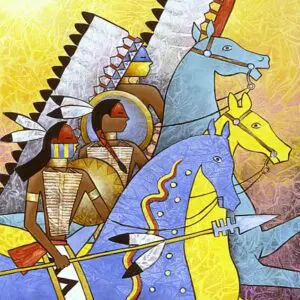 Colorful medieval knights on horseback with lances and armor in artistic style.