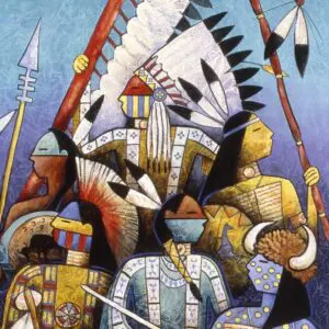 Native American warriors in traditional regalia with feathers and weapons.