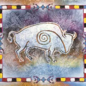 Artistic depiction of a stylized ram with a spiral horn on a colorful, bordered background.