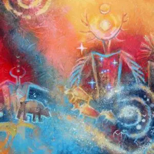 Colorful cosmic-themed abstract art with celestial symbols and swirling patterns.