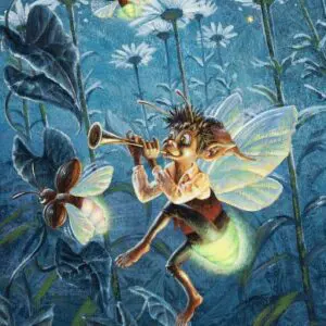 A whimsical fairy playing a flute amidst glowing flowers at night.