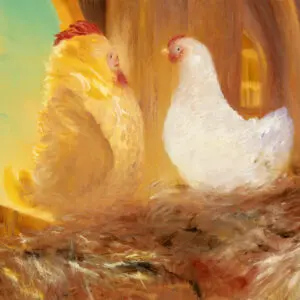 Two chickens in a warm, rustic setting.