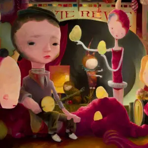 Surreal figures in a whimsical, colorful setting.