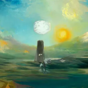 Surreal landscape with moon and sun.