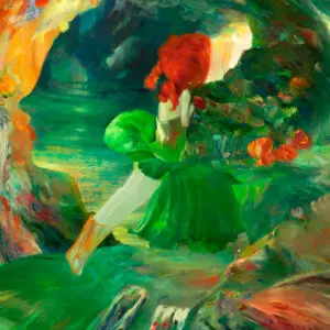 Woman in green dress by a cave.