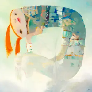 Abstract painting of a whimsical figure.