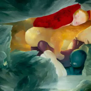 Abstract painting of figures in vibrant colors.