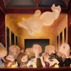Whimsical children at banquet with floating baby