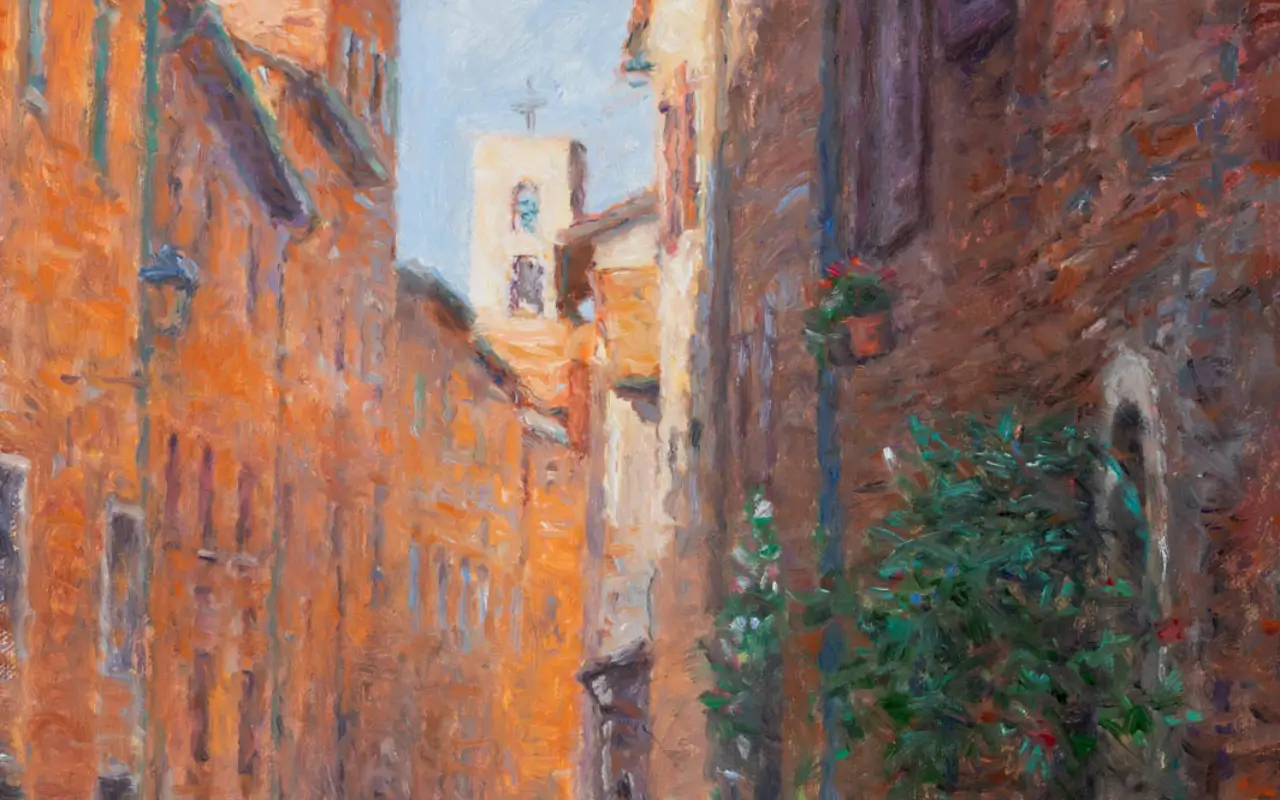 Impressionist painting of a sunlit narrow street with warm-toned buildings.
